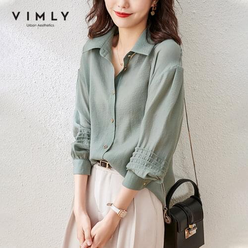 VIMLY Women Shirts Spring Fashion New Button up Shirt Elegant Lantern Sleeve Loose Solid Blouse Office Lady Female Tops F6025