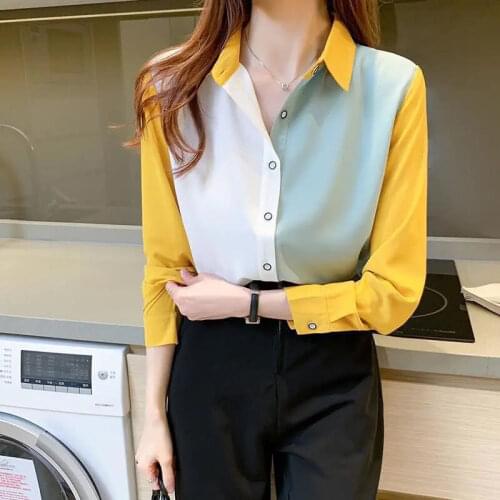 XEJ Spliced Shirts for Women Chiffon Blouse for Women Office Clothes Ladies Tops Korean Fashion Vintage Clothes Spring 2021