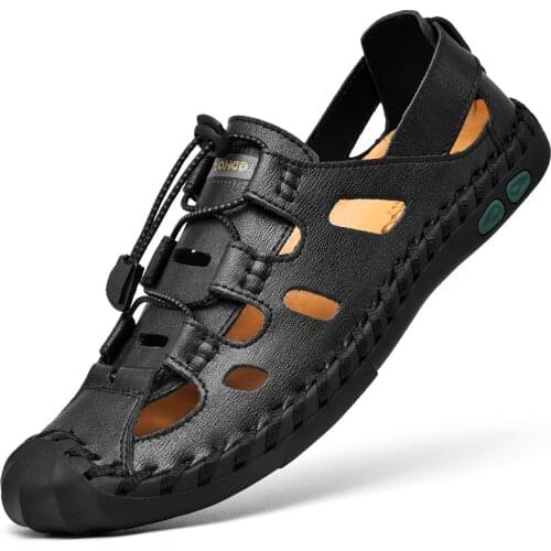 Genuine Leather Summer Men Casual Sandals Hand Stitch Aqua Shoes Upstream Driving Elastic Band Solid Color Water Shoes