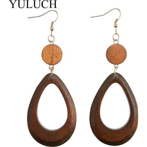 Sale Natural Wood Waterdrop Earrings Women Round Teardrop Wooden Jewelry BIG Drop Earring Black /Brown 1 pair YULUCH Cheap