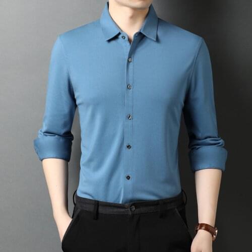 Light Blue Office Blouses Silk Button Down Shirt Mens Big Size Formal Claret Smooth Satin Black Work Shirt Classic Mens Clothing