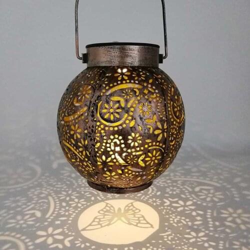 LED Solar Light Lantern Projection Light Wrought Iron Hanging Lamp Outdoor Waterproof Garden Yard Art Decorations