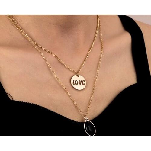 Vintage Gold Color Double Layer Chains Necklace for Women Fashion Letter Love Pendant Necklaces Choker Collares Jewelry Gifts