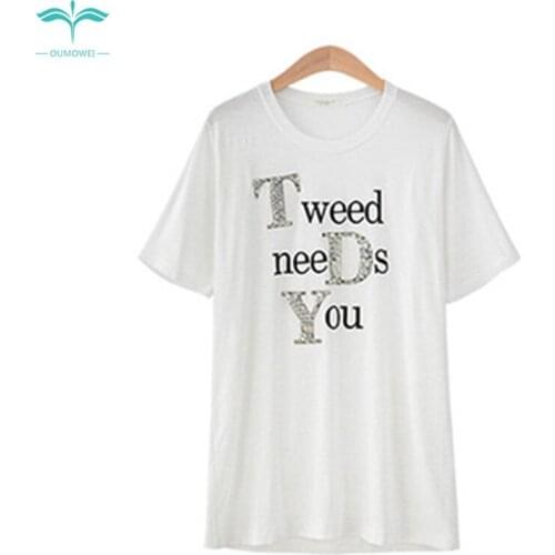 OUMOWEI Womens T-Shirt Fashion New Short Sleeve T-Shirt Cotton Round Neck Bottoming Shirt Loose Letter Print T-Shirt Top M-6XL