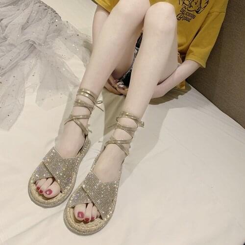 Womens 2019 new water drill cross straw linen transparent bottom ring with Roman sandals