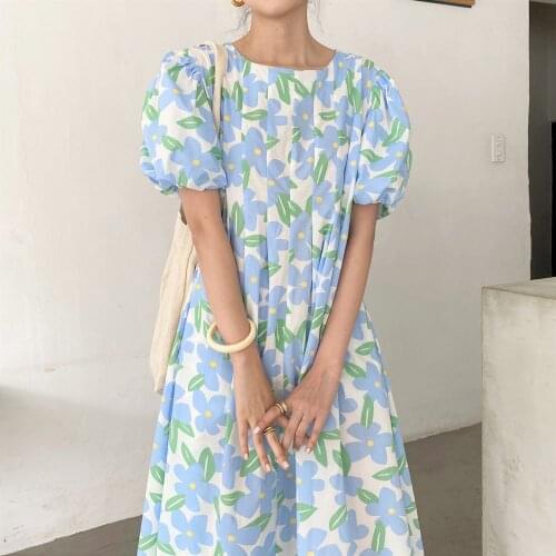 2021 Women Summer Round Collar Folds Long Floral Dress Puff Sleeve Slim Waist A-line Midi Dresses