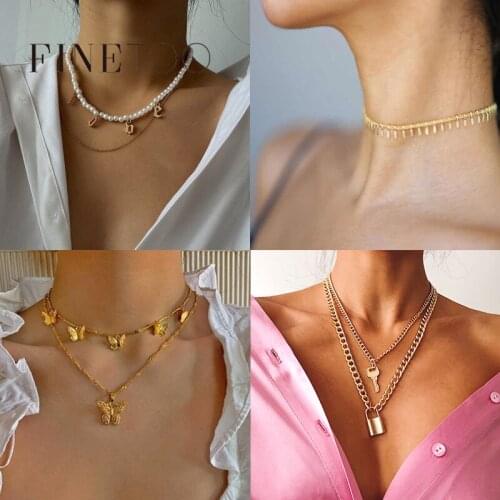 2020 Fashion Punk Pearl Butterfly Key Lock Coin Pendant Necklace Bohemian Multi Layered Necklace Choker Women Statement Jewelry