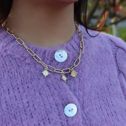 Gold Filled Chunky Link Chain Jewelry CZ Crystal Zirconia Pave Coin Sun Evil Eye Necklace for Women Party Gift New Adjustable