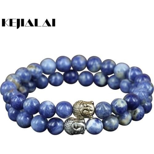 2pcs Natural Sodalite Round Stone Beads Charm Women Bracelet Beaded Mercy Two Color Buddha Head Men Stretch Bracelet