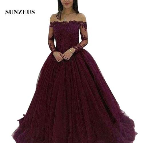 Ball Gown Evening Dresses Long Sleeves Off Shoulder Burgundy Tulle Formal Gowns For Women Appliques Party Robe
