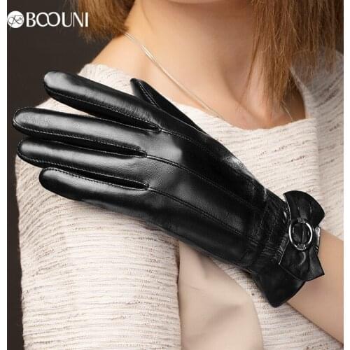 BOOUNI Genuine Leather Gloves Fashion Women Sheepskin Glove Black Bow Winter Leather Driving Gloves Hot Trend NW216