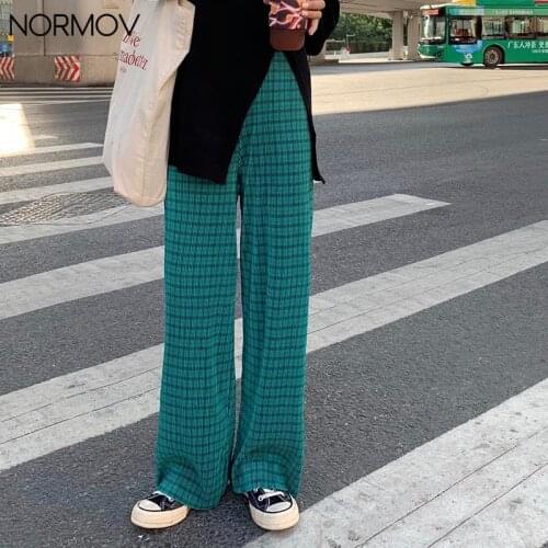 NORMOV Y2K Wide Leg Pants Women Fashion High Waist Loose Straight Pants Vintage Green Plaid Elastic Casual Streetwear Trousers