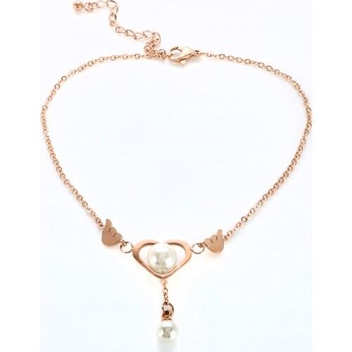 Trendy Pearl Heart Pendant Chain Anklet Women Adjustable Gold Plated Stainless Steel Leg Chain Ankle Bracelet Beach Foot Jewelry