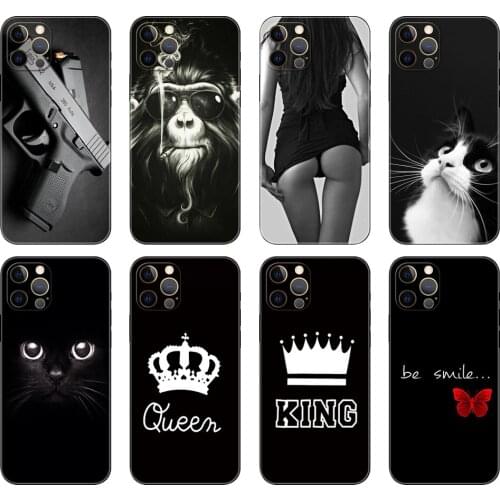 Black tpu case for iphone 5 5s se 2020 6 6s 7 8 plus x 10 XR XS 11 12 mini pro MAX back cover flower cat tiger animal