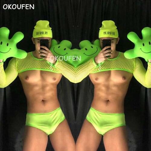 Fluorescent smiley sexy suit bar party costumes ds stage sexy show DJ male and female suits