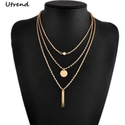 Utrend Geometric Pendants Gold Layering Necklace Set Bar Simple Delicate Layered Necklaces With Circle Disk For Women Collier