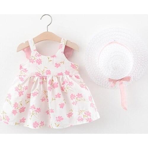 2021 Summer Casual Infant Baby Girls Dresses Hats 2pcs Floral Print Ruffles Sleeveless Mini A-Line Sundress Hats
