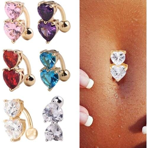 LNRRABC Women Belly Navel Ring Double Love Heart Zircon Crystal Navel & Bell Button Rings Golden Color Body Piercing Jewelry