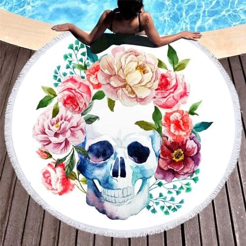 Fashion Floral Skull Color Hippie Round Beach Towel With Tassel Microfiber Gothic Bath Towel Of Play Mat Yoga Mat Throw Blanket