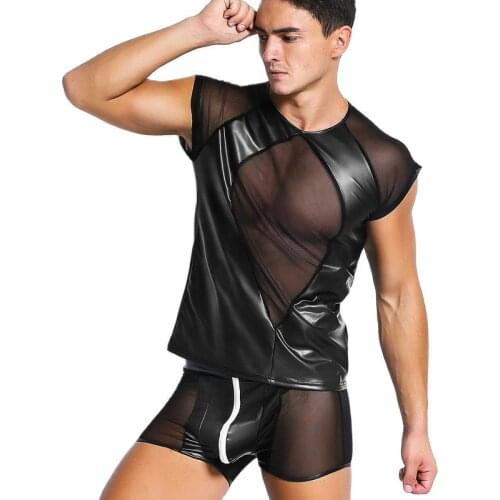 Plus Size Men Faux Leather Mesh Club Gay Splicing Boxers Fetish Fishnet Sexy Suit Punk O Collar Fishnet Vest Male Erotic Shorts