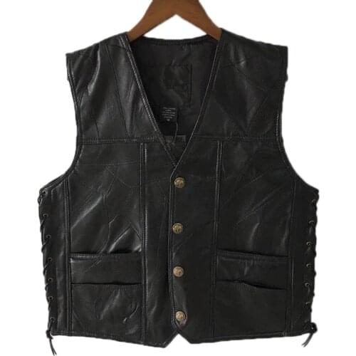 Mens Side Laces Adjustable Soft Sheepskin Black Leather Motorcycle Vest Biker Vests