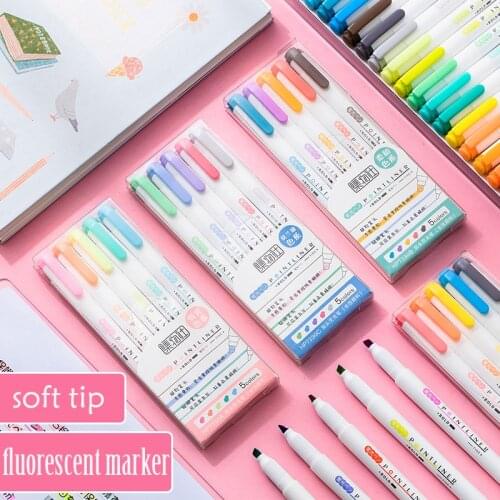 5pcs/Pack Dual Tip Higlighters Marker Pen Soft Brush Pastel Highlighter Set for Marking Highlighting Journaling School Supplies