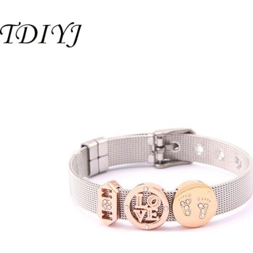 TDIYJ New MOM Love Baby Foot New Slide Charms DIY Mesh Stianless Steel Bracelet For Mothers Day 1Set