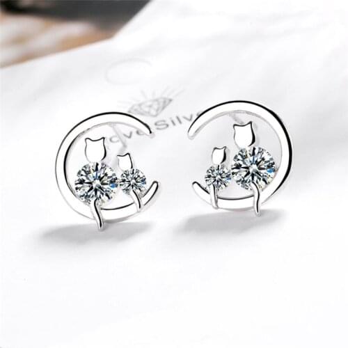 Sole Memory Semicircle Geometry Zircon Cat Sweet Cute 925 Sterling Silver Fashion Female Stud Earrings SEA600