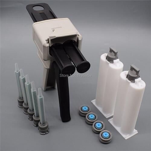 Adhensive Dispenser 50ml Glue Gun 1:1 Manual Caulking Gun with 2pcs 50ml Empty Dual-Barrel Cartridge 5pc Static Mixing Nozzles