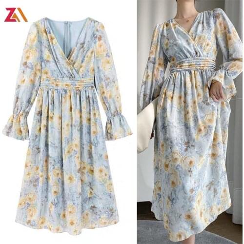 ZALady beach chic elegant midi long dresses for women autumn v-neck vintage floral Flared long sleeves traf dress vestidos mujer