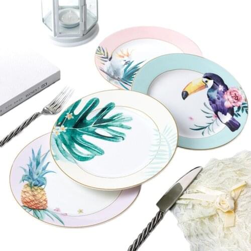 Bone China Tray Dinner Plate Steak Dishes Porcelain Hand-printed Plant Bird Food Tray Nordic Plato Dish Pasta Plate 8 Inch 1 pcs