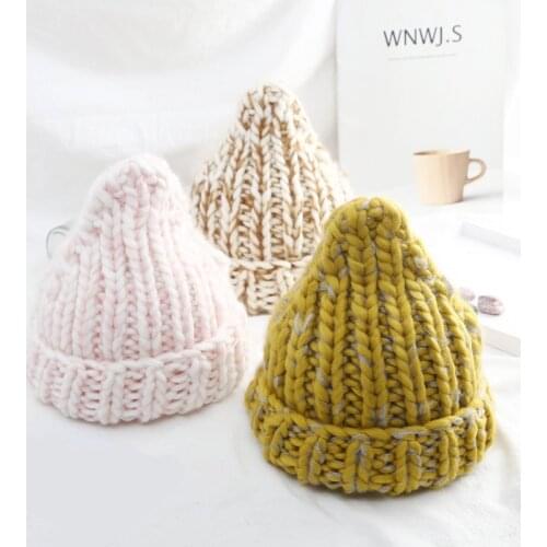 Simple Winter Warm Mixed Color Beanies Handmade Thick Stick Knitted Coarse Lines Hat Crochet Women Lovely Caps