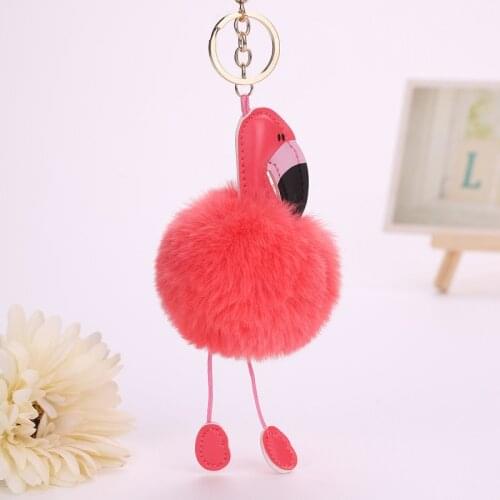 PU Jewdy Cute Pompom Keychain Flamingo Chain Fluffy Fake Rabbit Fur Ball Women Car Bag pon Ring Holder Chris