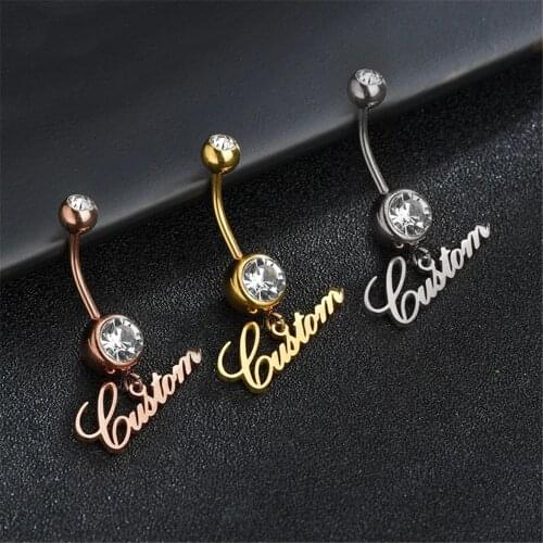 3UMeter Personalized Custom Stainless Steel Letter Name Belly Button Nail 18K Gold Nameplate Belly Button With Zircon For Women