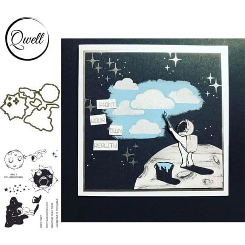 QWELL Outer space Clouds Earth Astronaut Printing Metal Cutting Dies With Clear Stamps Set DIY Scrapbooking Cards Craft 2021