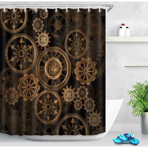 Steampunk Gear Golden Background Time Of Day Shower Curtain Bathroom Mildew Resistant Waterproof Fabric For Bathtub Decor
