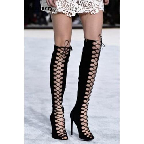 High Quality Women Fashion Lace-up Black Suede Leather Knee High Gladiator Boots Cut-out Long Super High Heel Boots Dress Shoes