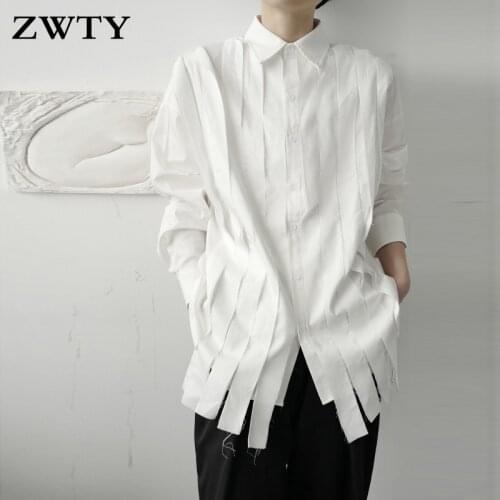 ZWTY Women Tassel White Blouse Fashion New Full Sleeve Autumn Single Breast Pleated Small Fresh Casual Style Loose Shirt