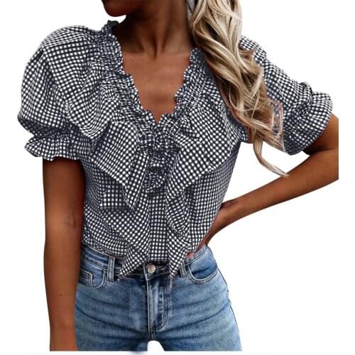 Women Ruffled Blouses 2021 Fashion Lattice V-neck Short Sleeves Tops Casual Blouses Pure Color Loose Shirt Vetement Femme