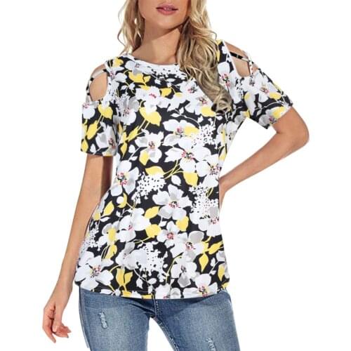 Floral Printing Tshirts Women Summer Short Sleeve Strappy Cold Shoulder T-shirt Tops Casual Female T-shirts Female Casual 2021