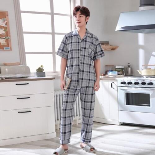 Mens Pajamas Soft Cotton Short Sleeve Homewear Pyjama Casual Loose Sleep Tops With Pants Set Male Plaid Print Pyjama Plus Size