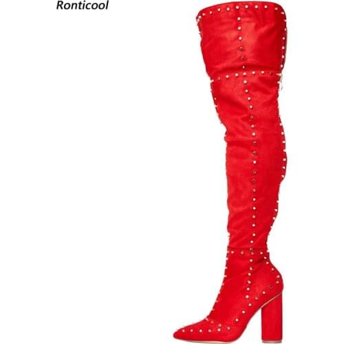Ronticool Handmade Women Spring Over The Knee Boots Sexy Studded Chunky Heels Pointed Toe Shoes Black Red Shoes Us Size 5-16
