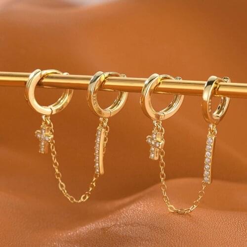 925 Sterling Silver Double Pierced Hoop Earrings For Women Classic Zircon Cross Bar Earrings Wholesale