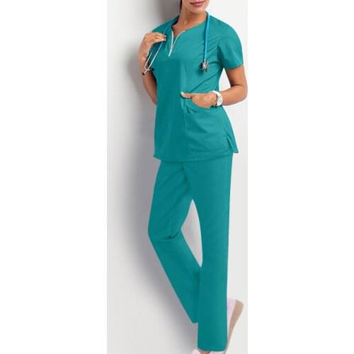Women Soild Color Zipper V-Neck Working Scrubs Tops+Pants Hospital Dentistry Clinical Nurse Uniform Suit Gorro Enfermera A40