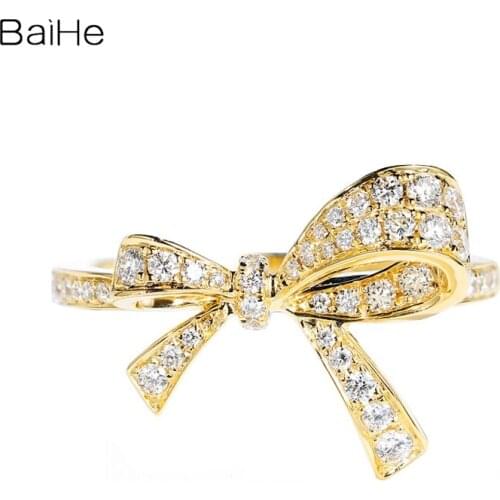 BAIHE Solid 14K Yellow Gold 0.30ct Natural Diamond Wedding Women Gift Fine Jewelry beautiful bow-knot diamond Ring for women