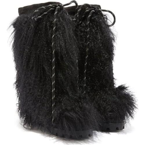 Winter Warming Girls Black Full Wool Fur Thick Heel Short Boots Woman Round Toe 100 mm Hidden Wedge Heel Slip On Snow Boots Lady