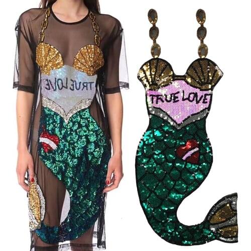 1pcs sequin Blue mermaid Clothes Costumes Sequins patches Mermaid Patches sew on High Waist Skirts patches sewing