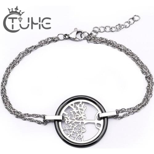 New Rose Black White Ceramic Bracelet For Women Stainless Steel Hollow Flake Ceramic Circle Charm Bracelet Jewelry
