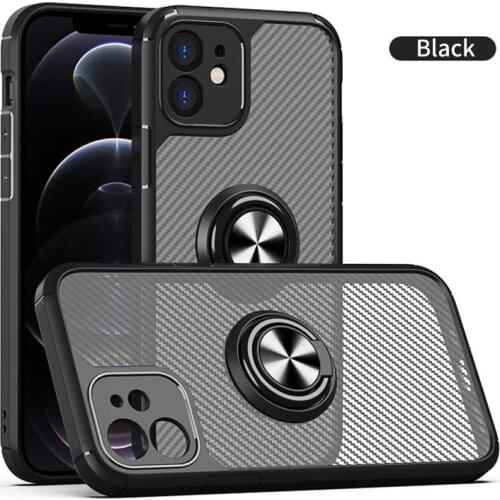 Fashion Carbon Fiber Man Luxury Phone Case For iPhone 12 Pro Max 11 Mini 7 8 Plus X XR XS Max Holder Ring Clear Back Cover Funda