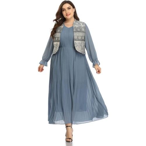Dubai Abaya Long Dresses for Muslim Women Set Two Pieces Embroidery Plus Large Size Fashion Elegant Stitching Ramadan Dress